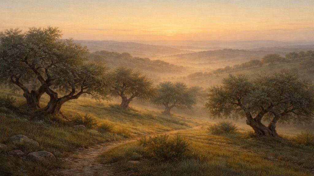 A quiet path winding through olive trees at dawn on Nightingale Mountain