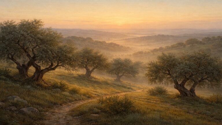 A quiet path winding through olive trees at dawn on Nightingale Mountain