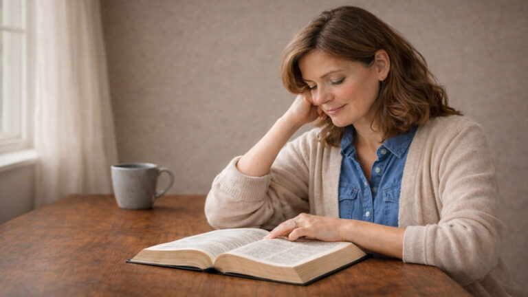 A woman reading an open Bible at a wooden table in soft natural light