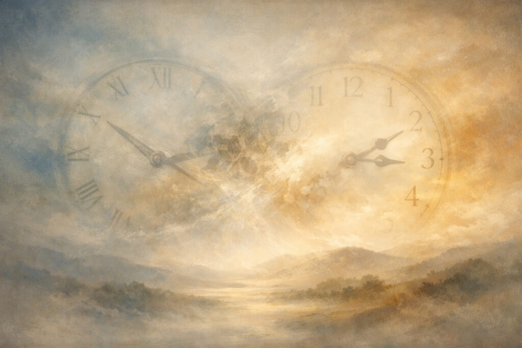 Abstract artwork showing overlapping clock forms converging within a quiet landscape, suggesting multiple timelines meeting.