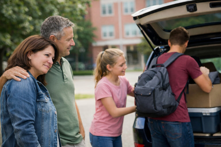 Family saying goodbye as son leaves for college