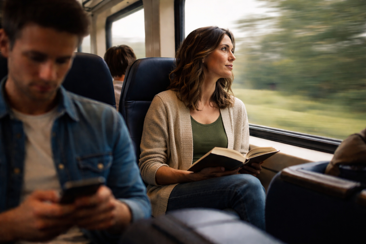 Woman reading a book while a man scrolls on his phone during a train journey