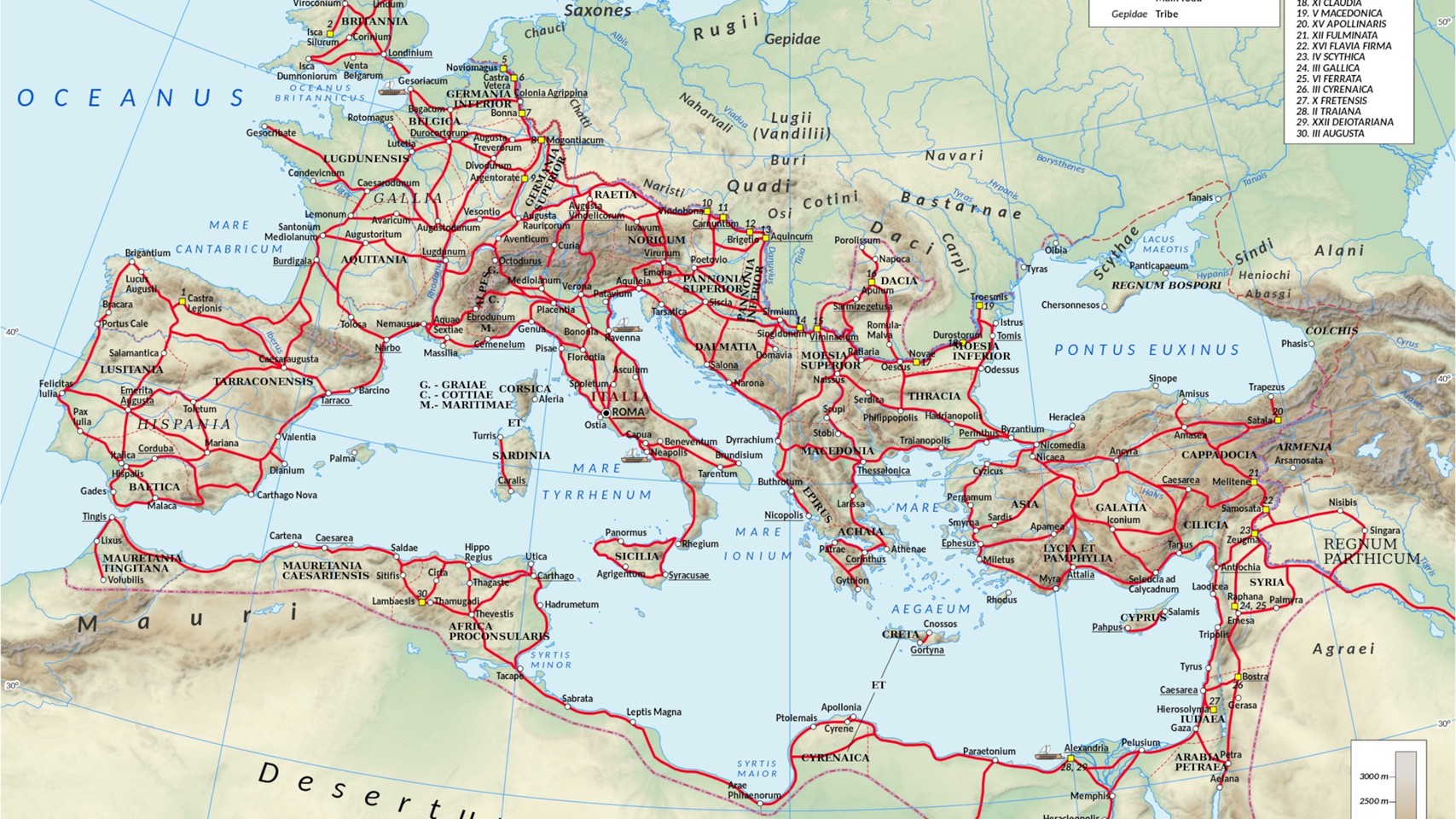 Map of the Roman Empire road network showing major cities and highways across the Mediterranean world