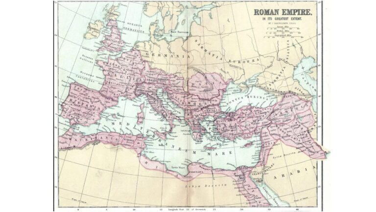 Historical map showing the Roman Empire at its greatest extent across the Mediterranean basin, including Europe, North Africa, and the Near East.