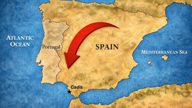 Map of Spain and Portugal with a red arrow pointing toward Cadiz on the southwest coast of Spain.