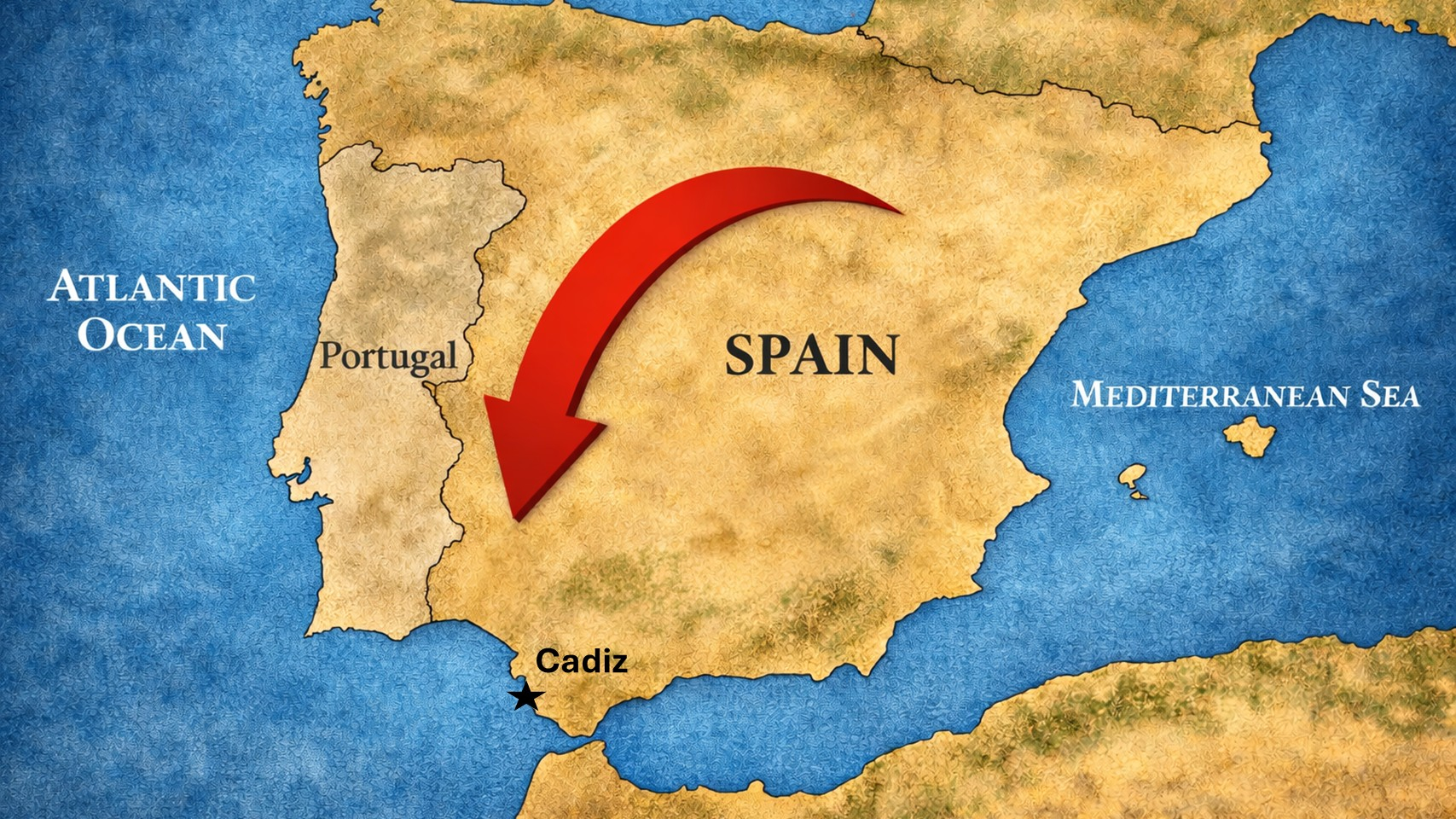 Map of Spain and Portugal with a red arrow pointing toward Cadiz on the southwest coast of Spain.