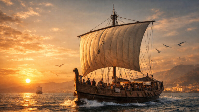 Ancient Mediterranean merchant ship with a large square sail traveling along a coastal trade route at sunset.