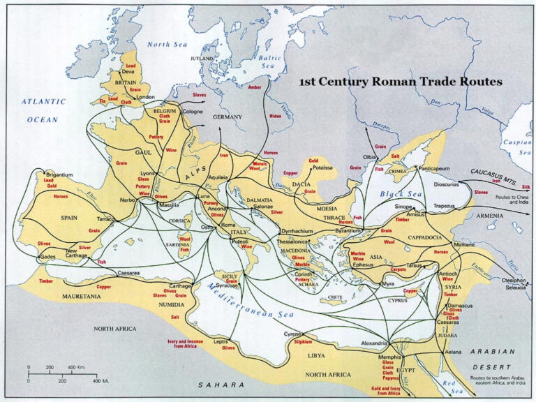 Map showing Roman trade routes across the Mediterranean world in the first century, connecting regions such as Spain, Gaul, Italy, North Africa, Greece, Asia Minor, and Egypt.