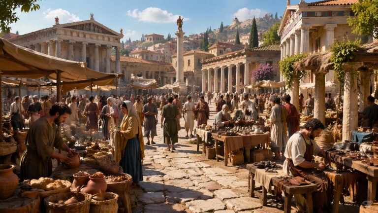 Ancient Roman marketplace scene with artisans, merchants, and townspeople trading goods in a busy Mediterranean public square.