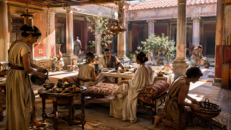 A Roman household courtyard with a family seated at a table while servants carry out daily tasks in a sunlit atrium.