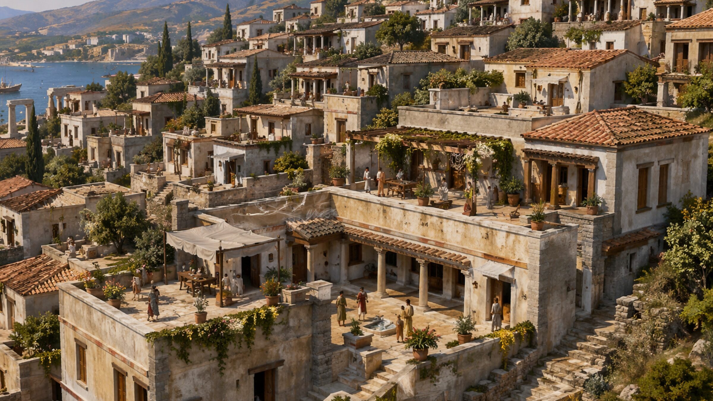 Hillside neighborhood of first-century homes in Ephesus with clustered stone houses, courtyards, and terraces overlooking the sea