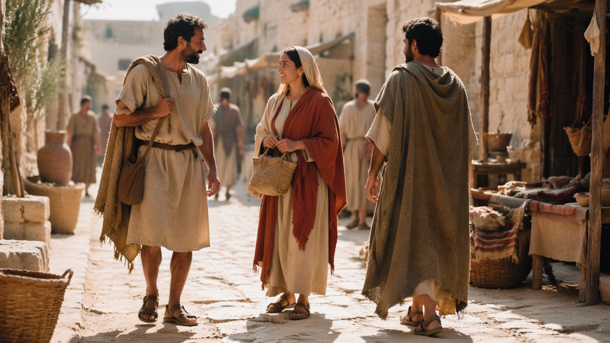Simple tunics and cloaks worn by people in the Roman world, showing everyday first-century clothing in a marketplace setting