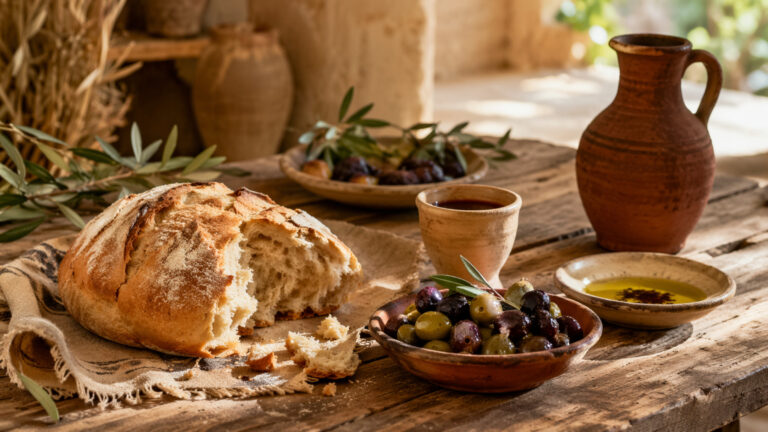 Simple Mediterranean meal with bread, olives, and clay dishes on a rustic wooden table in natural light