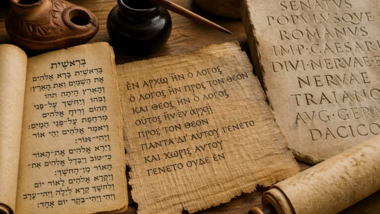 Ancient scrolls showing Hebrew Genesis text, Greek New Testament writing, and a Latin Roman stone inscription on a wooden table with writing tools