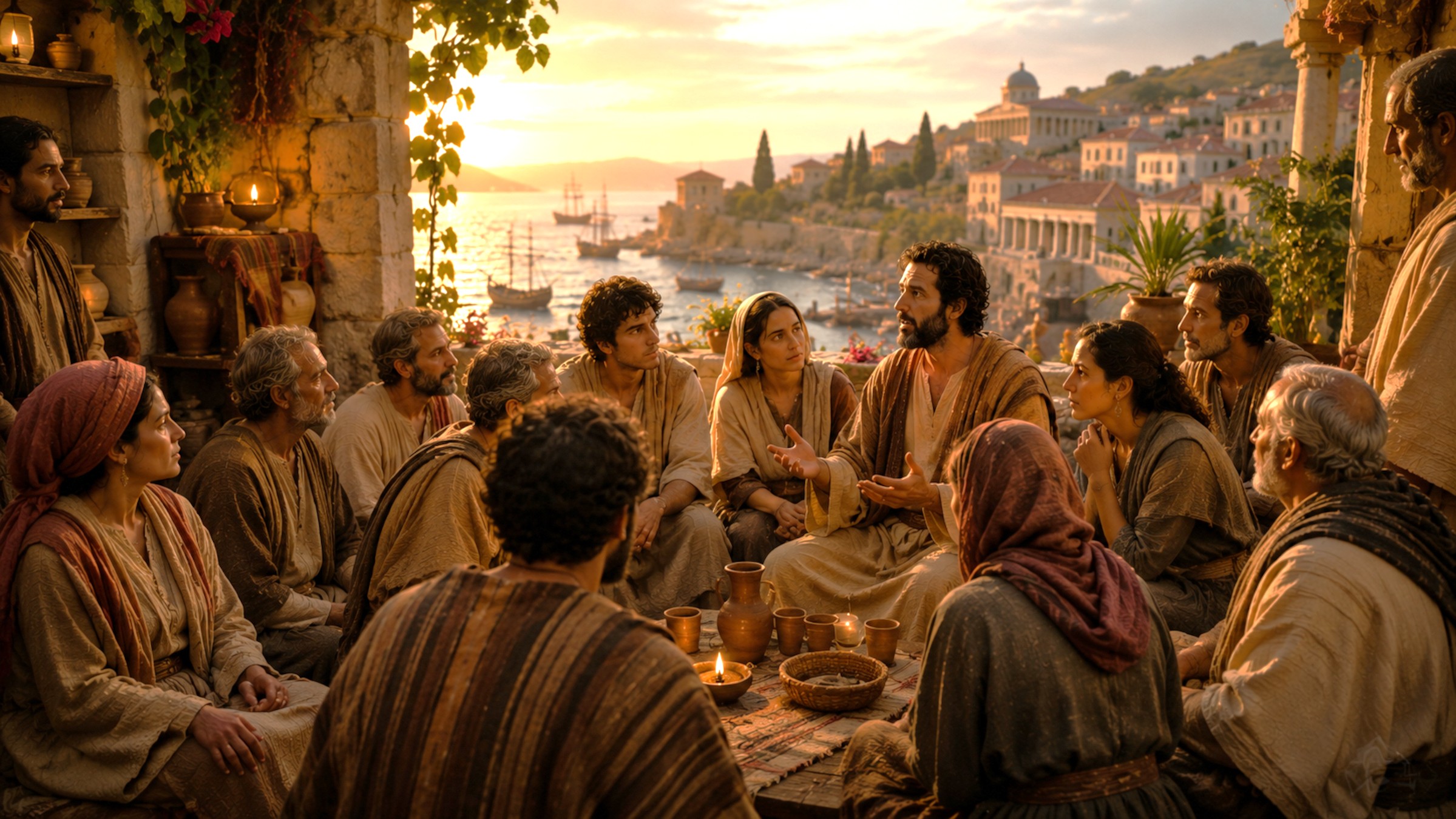 A cinematic depiction of men and women gathered in conversation and teaching within an ancient Mediterranean courtyard during the time of the early church.