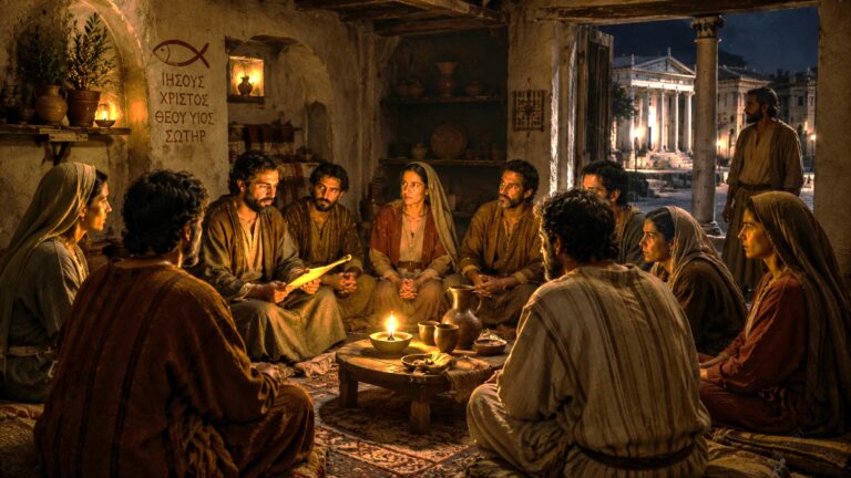 A cinematic depiction of early Christians gathered quietly in a candlelit Roman house church at night during a time of persecution.