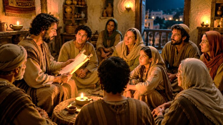 A cinematic depiction of men and women gathered in a candlelit room listening to a scroll being read aloud in the early church world.