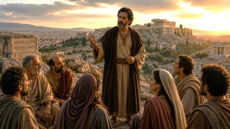 A cinematic depiction of the apostle Paul addressing a group of listeners, including a woman, on Mars Hill near the Areopagus in ancient Athens at sunset.