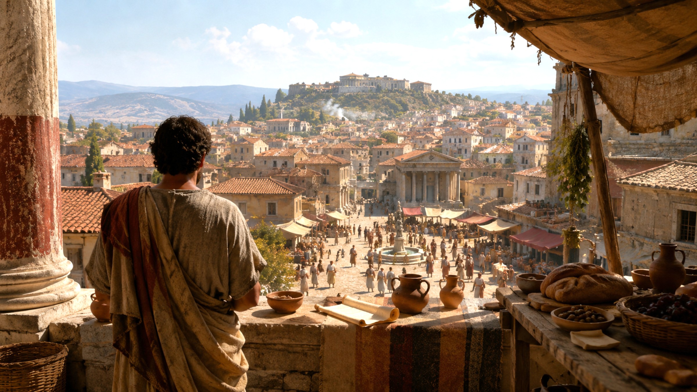 Traveler overlooking a bustling first-century Roman city beneath a temple-crowned acropolis.