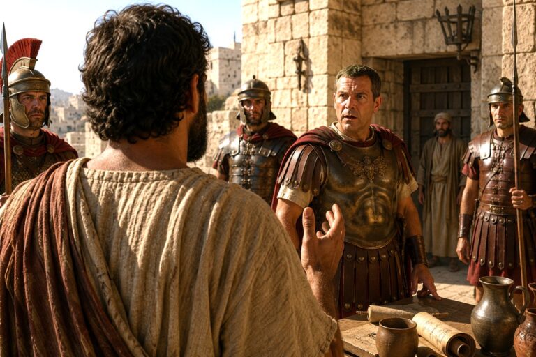 The Apostle Paul speaks with Roman officials after revealing his Roman citizenship in a first-century fortress courtyard.