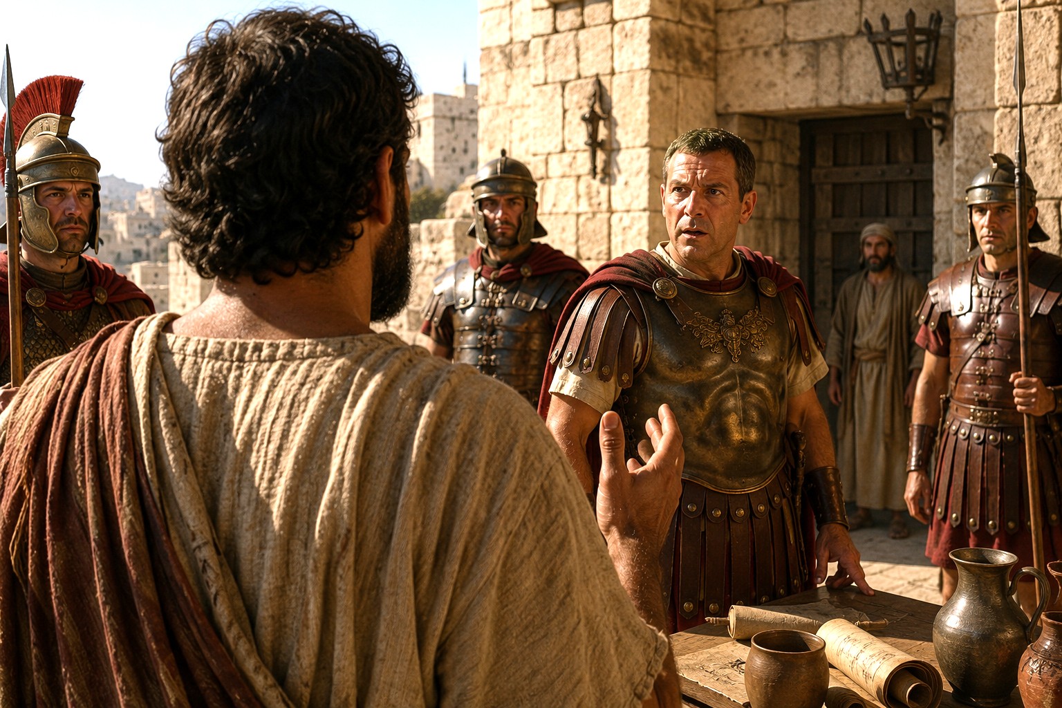 The Apostle Paul speaks with Roman officials after revealing his Roman citizenship in a first-century fortress courtyard.