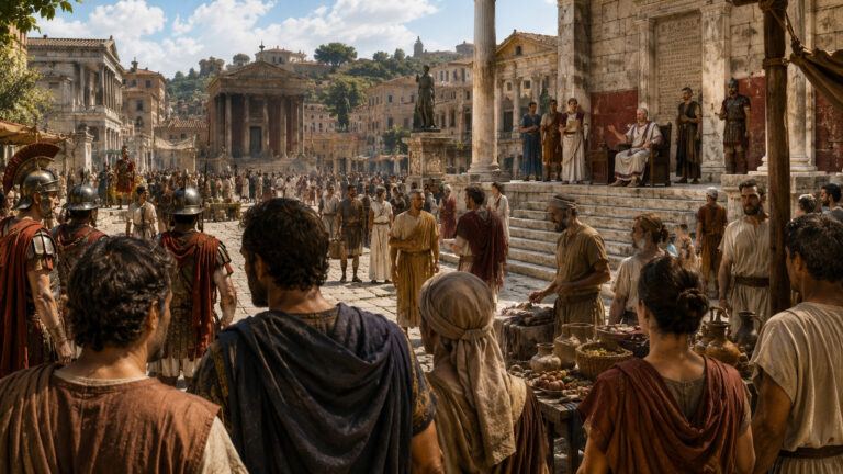 People gather in a busy first-century Roman forum where magistrates, soldiers, merchants, and citizens illustrate the everyday presence of authority in the Roman world.