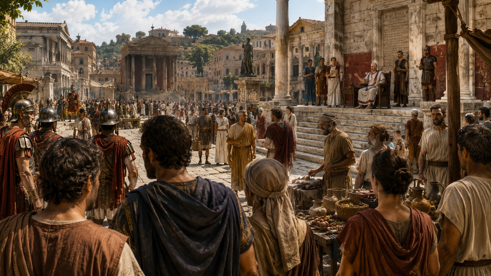 People gather in a busy first-century Roman forum where magistrates, soldiers, merchants, and citizens illustrate the everyday presence of authority in the Roman world.