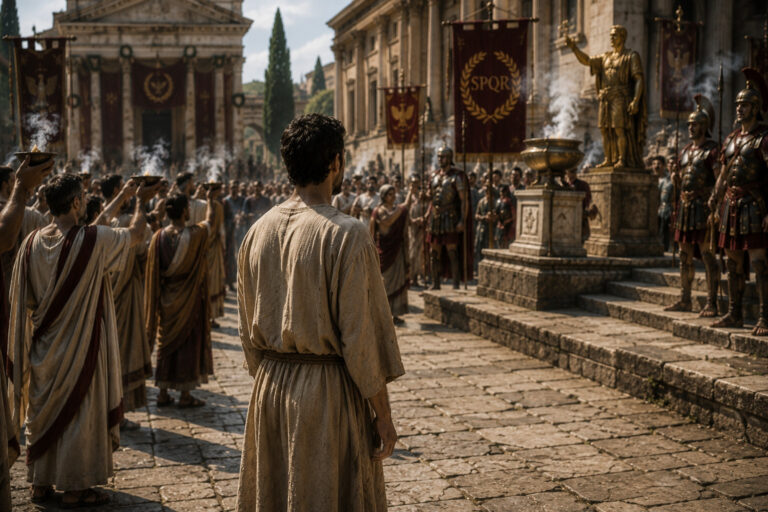 A lone believer stands quietly while others participate in a public Roman civic ceremony in a first-century city.