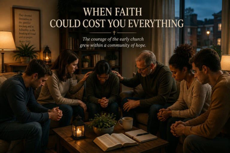 A diverse group of Christians gathered in a living room, praying together and supporting one another, illustrating how community nurtures courage and faithfulness.