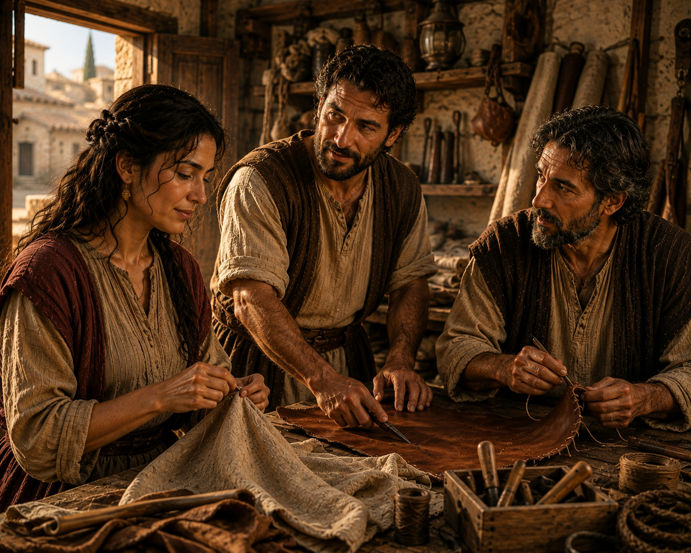 Priscilla, Aquila, and the Apostle Paul working together in a first-century tentmaking workshop, illustrating their friendship, shared trade, and faithful partnership in the early church.