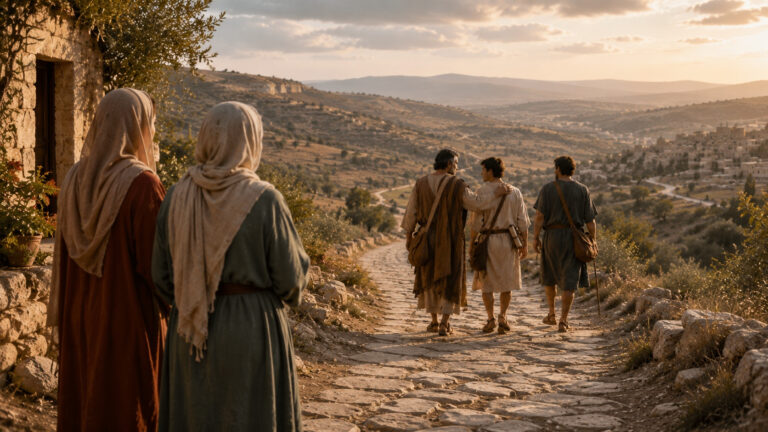Paul, Timothy, and Silas walk away from Lystra along a Roman road while Lois and Eunice quietly watch from their home, symbolizing Timothy's call to ministry and the faithful foundation that prepared him.