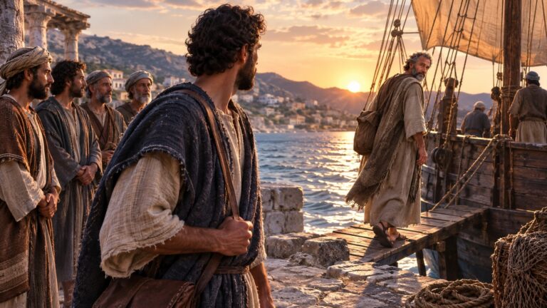 Titus watches as Paul departs by ship from Crete, leaving him responsible for the early Christian communities.