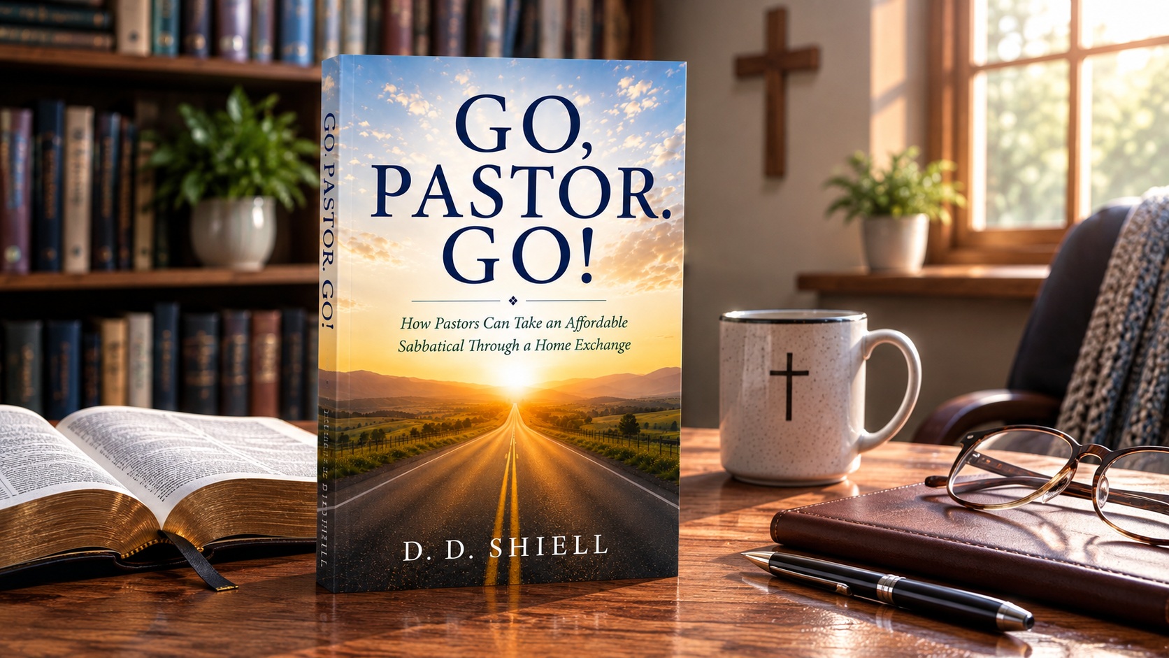 Go, Pastor. Go! by D. D. Shiell displayed in a pastor's study