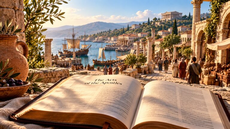 Open Bible overlooking a first-century Mediterranean city and harbor