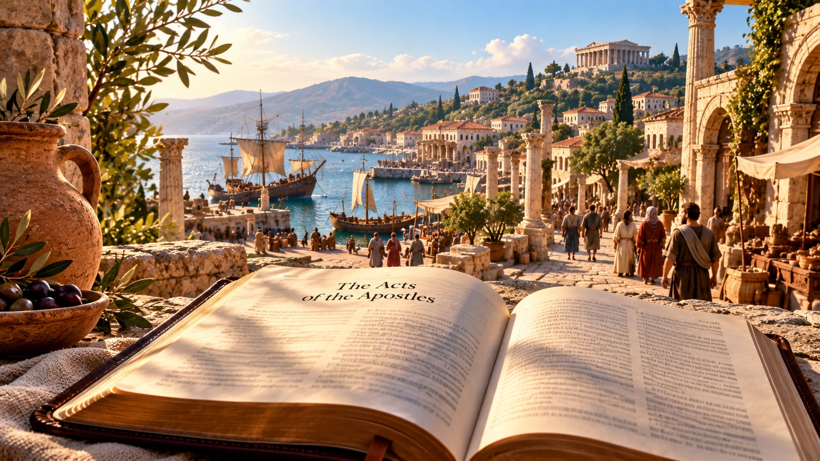 Open Bible overlooking a first-century Mediterranean city and harbor