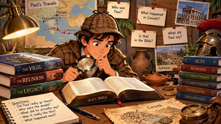 Cartoon of a young detective using a magnifying glass to investigate an open Bible surrounded by maps, books, and clues about Paul and the early church.