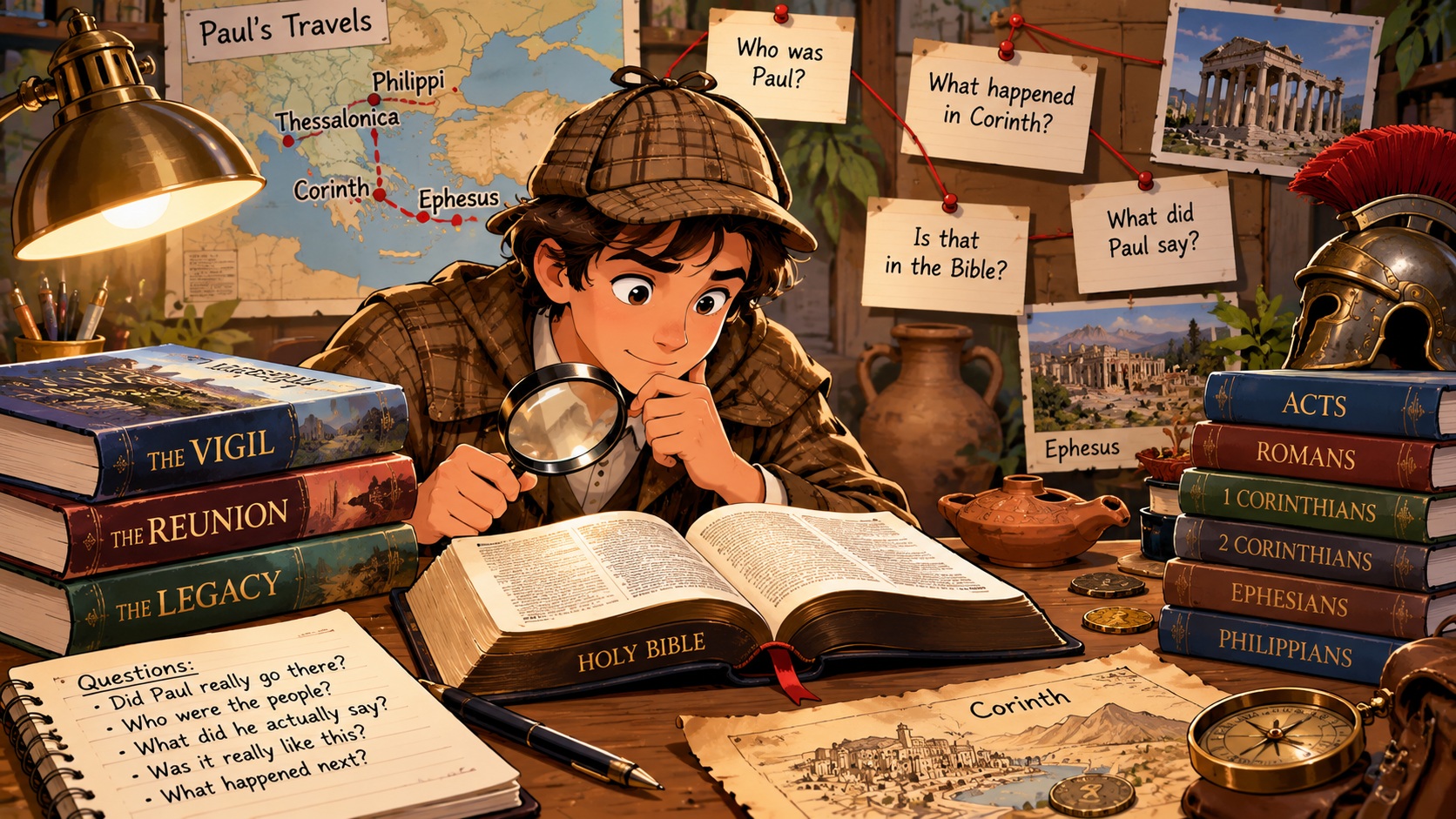 Cartoon of a young detective using a magnifying glass to investigate an open Bible surrounded by maps, books, and clues about Paul and the early church.