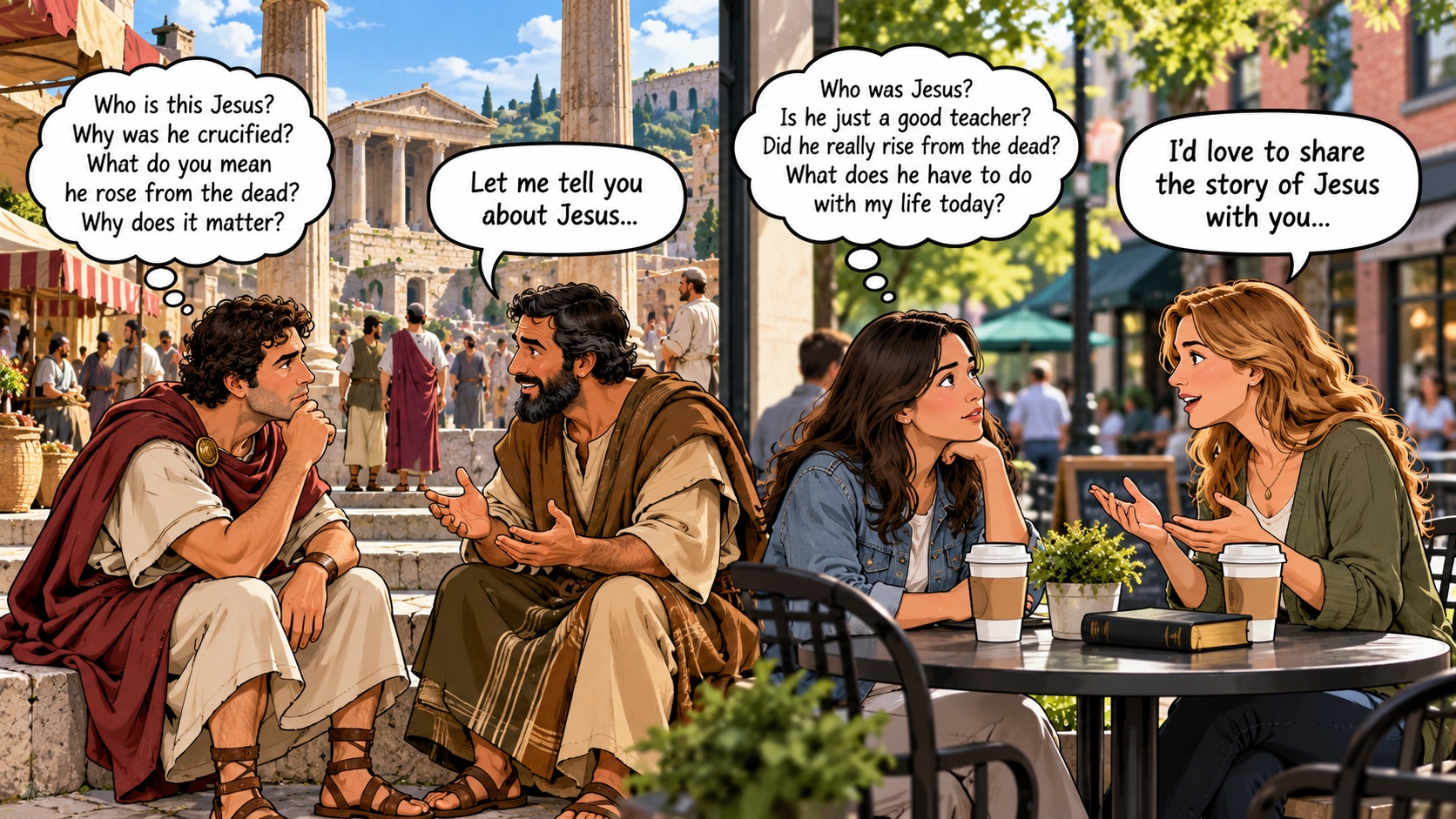 Cartoon comparing a first-century conversation about Jesus with a modern conversation about Jesus at a café.