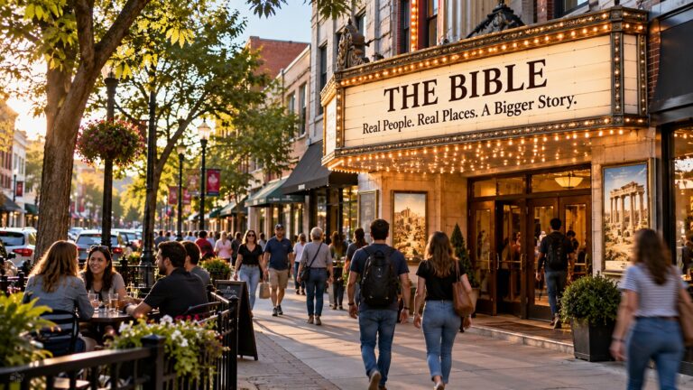 Modern downtown street with pedestrians passing a theater marquee advertising “The Bible.”